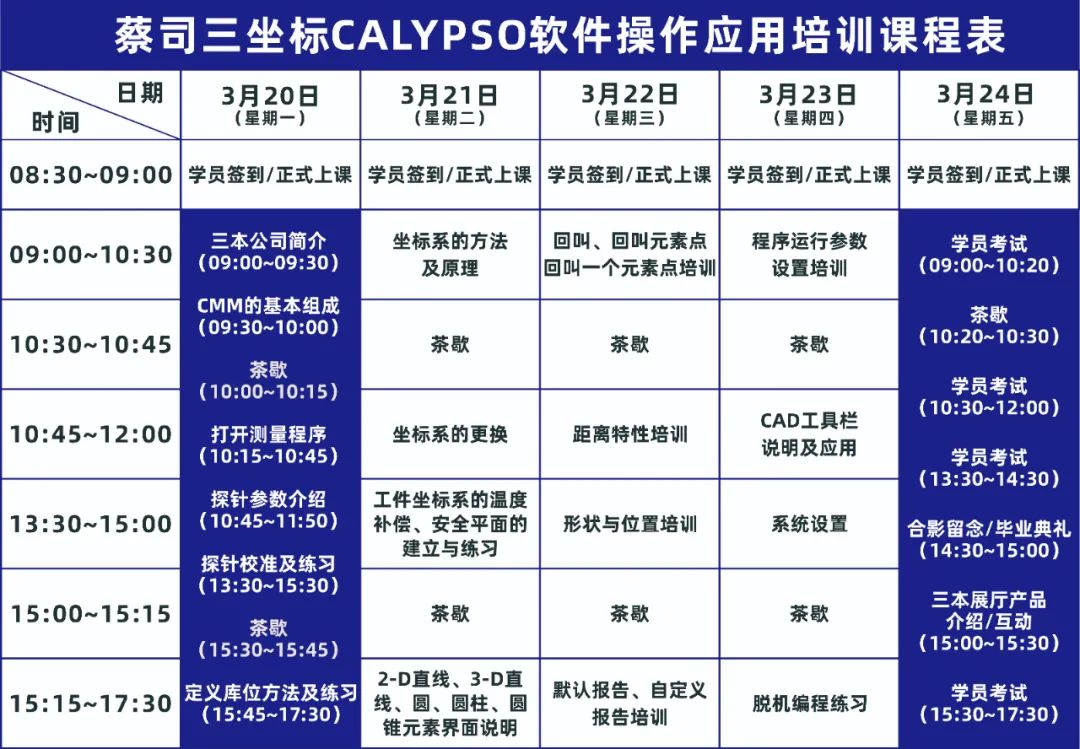 蔡司三坐標CALYPSO軟件應用培訓課程表